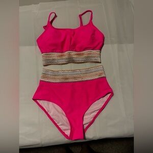 💰 NWOT Swim Suit Bikini Slimming Waist Bands Pink Trendy Size M Padded Bra